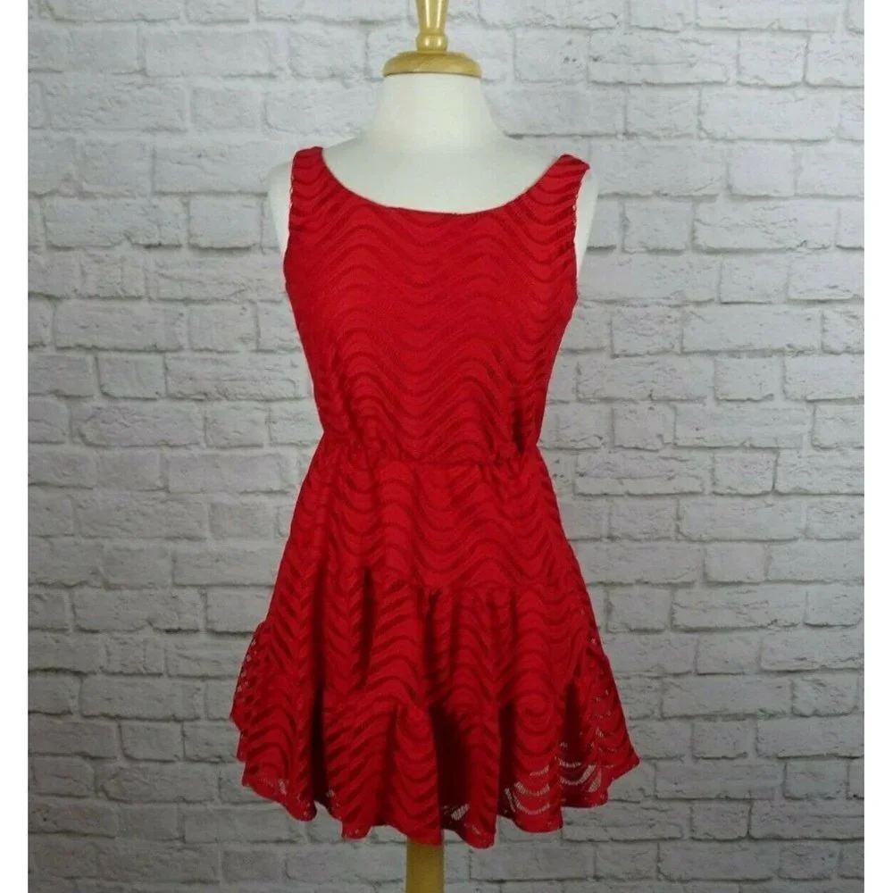 💰3/$25 City Triangles Flounce Dress Fit & Flare Lace Red Juniors S - Picture 2 of 12